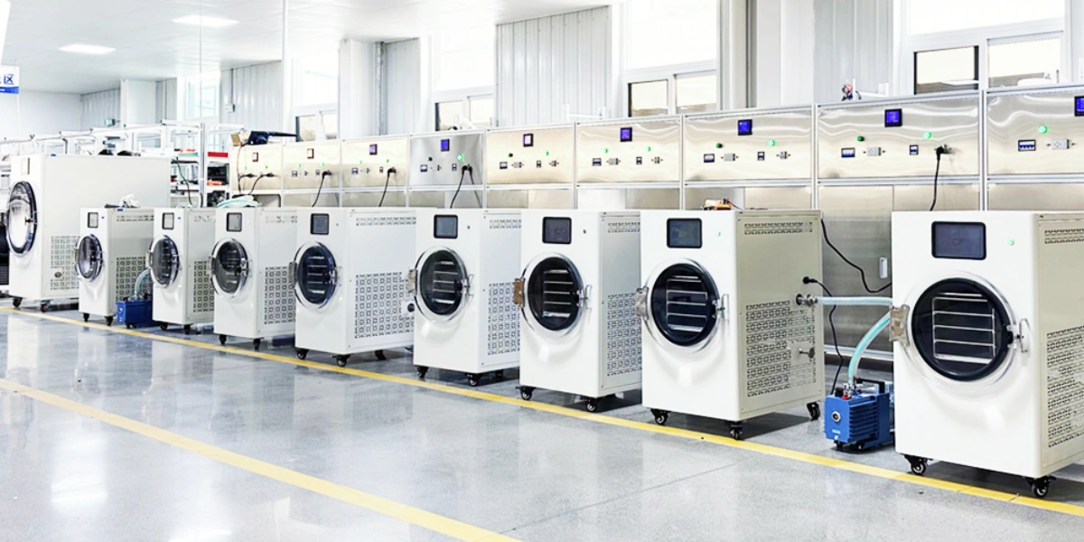 Row of home and small commercial freeze dryer units undergoing factory performance testing